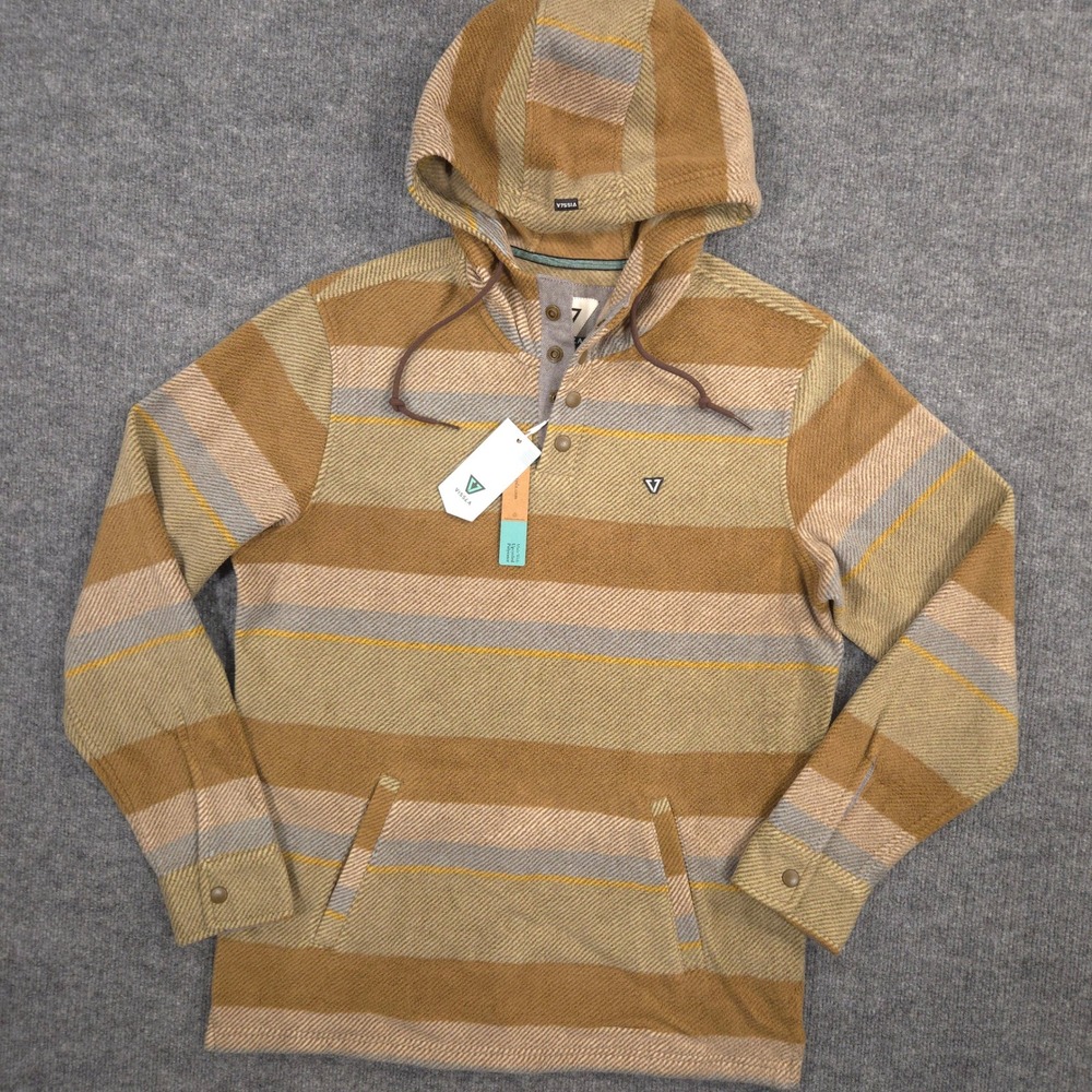 VISSLA Vissla Eco-Zy Hooded Popover Mens M Brown Striped Fleece Hoodie Snap NEW